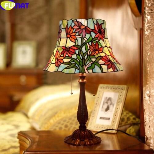 FUMAT Artistic Glass Table Lamp European Pastoral Stained Glass Green Dragonfly Wheat Living Room Bedroom Bedside Light Fixtures