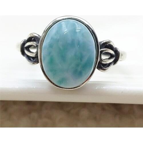 Genuine Natural Larimar Blue Dominia Oval Adjustable Ring 12x10mm Water Pattern 925 Sterling Silver AAAAAA