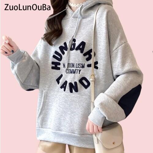 ZuoLunOuBa Winter New Arrival Plus Velvet Women Hoody Korean Loose Sweatshirt Embroidered Letters Casual Wild Pullover Female