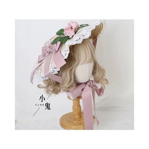 Original elegant straw hat lolita lace bow straw woven sunshade rural flat hat Hanyang eclectic hat