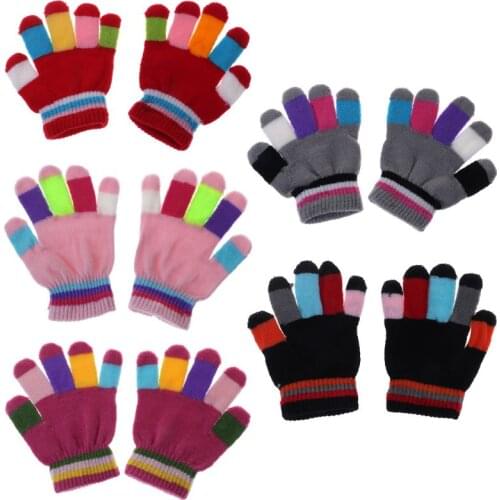 1 Pair Kids Gloves Full Finger Warm Winter Children Colorful Stripe Knitted Boys Girls Solid Glove Multi Color Elastic