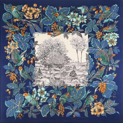 Luxury Brand Bohemia Bird Flower Hillside Twill 100% Silk Scarf 130cm Women Square Scarves Kerchief For Ladies Shawl Echarpe