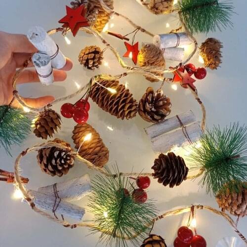 2M 20LEDs Christmas Pine Cones Branch Red Beads Stars Wood LED String Fairy Light Artificial Flower Home DIY Event Decoration