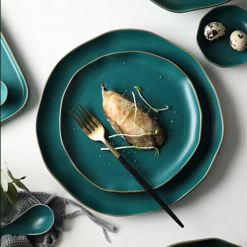 Nordic Steak Plate Creative Phnom Penh Ceramic Dinner Plate Household Fruit Plate Home Exquisite Dark Green Tableware Supplies