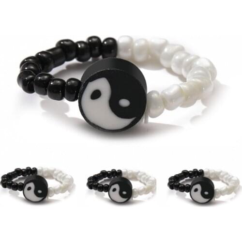 Creative personality rice bead elastic ring black and white tai chi gossip ring ring index finger ring for women
