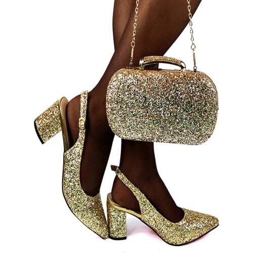 African Shoes and Bag Set Italian Set in Gold Color Nigerian Shoes with Matching Bags for Royal Wedding Party
