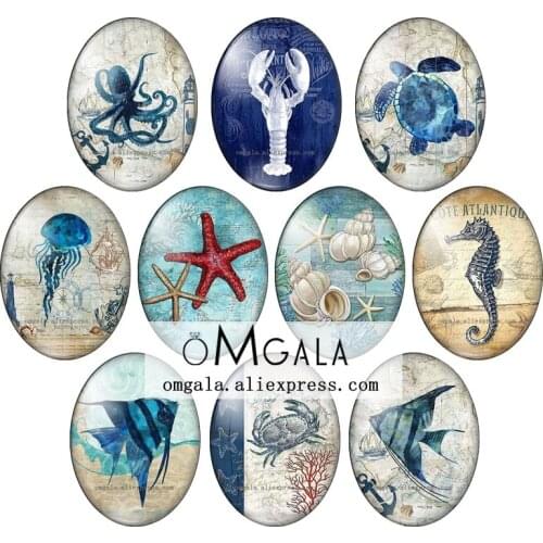 Vintage Sea Animals Fish Seahorse Starfish Shell 13x18mm/18x25mm/30x40mm Oval photo glass cabochon flat back Making findings