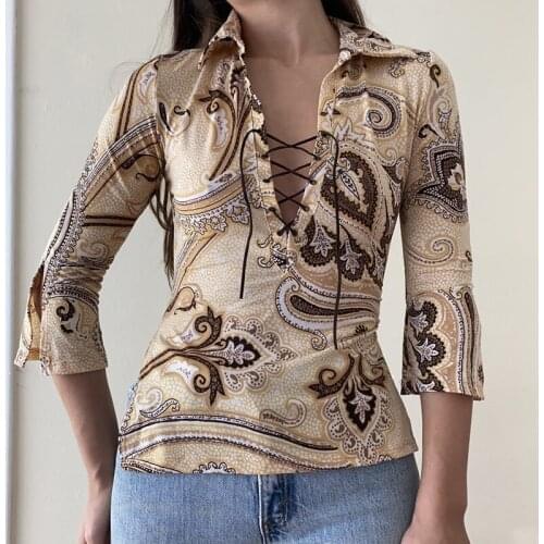 Print Lace Up T Shirt Three Quarter Sleeve Casual Fashion Loose T Shirts 2021 Split Vintage Turn Down Collar Women T Shirt