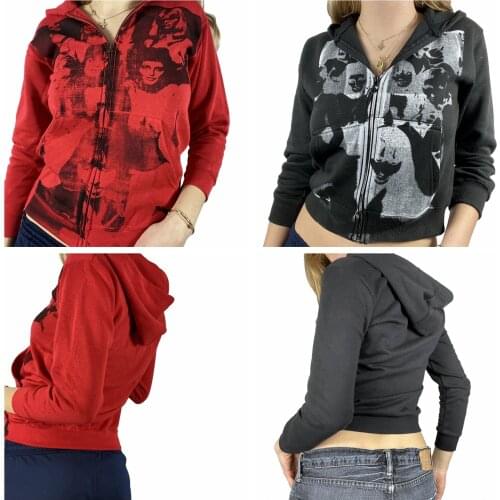 Y2K Women Fashion Zip Up Hoodie Casual Long Sleeve Portrait Print Loose Fit Sweatshirt Crop Tops for Fall 3 Colors