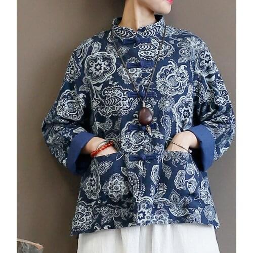 Spring And Autumn Womens Jacket Ethnic Style Retro Stand Collar Windbreaker Disc Button Cardigan Long Sleeve Loose Printed Top