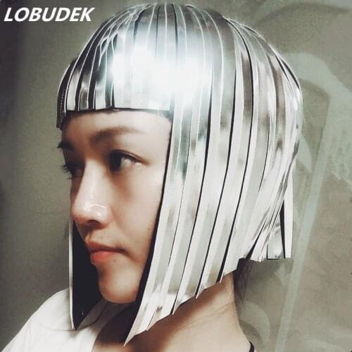 Women Singe r Performance Wig Ornament Gold Silver Mirror Wig Headgear Accessories Future Space Soldier Show Cool Reflective Wig