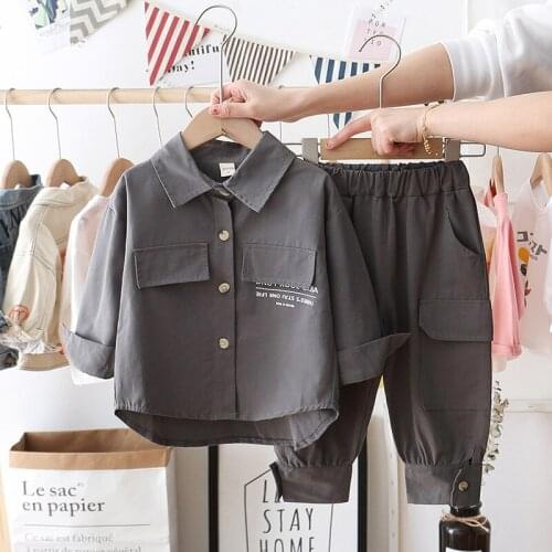 2021 Korean Spring Kids Boys Workwear Style Design Trendy Set 2pcs/set Loose Outwear+Pant Letter Lucky Shirt Solid Color Tops