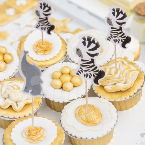 24pcs Party Cake Decoration Paper Wild Animal Cake Topper Wild Jungle Animal Theme Party Kids Birthday Cupcake Flag Supplies