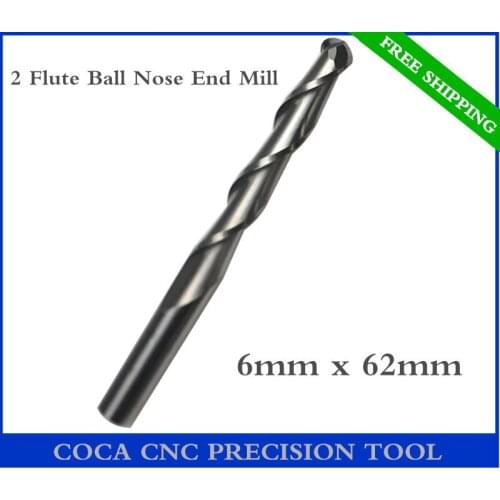 6mm*62mm,Freeshipping CNC Solid carbide woodworking insert router bit,Tungsten end mill,2 flute ball nose milling cutter,MDF