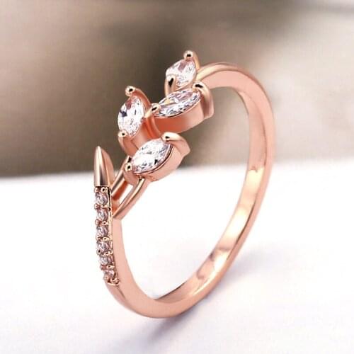 JK Trendy Luxury Flower Women Party Ring Rose Gold Proposal Ring Band With Hores Eye Shaped Zircon Stone Leaf Finger Ring