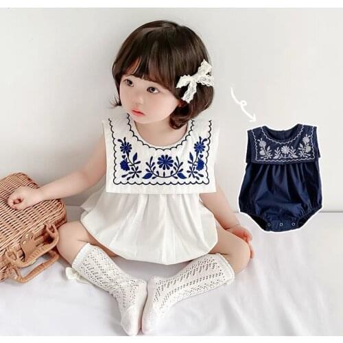 Korean Japan Baby Girls Embroidery Romper Sister Matching Clothes Twin Outfits Newborn Vintage Bodysuit Infant Cotton Jumpsuit