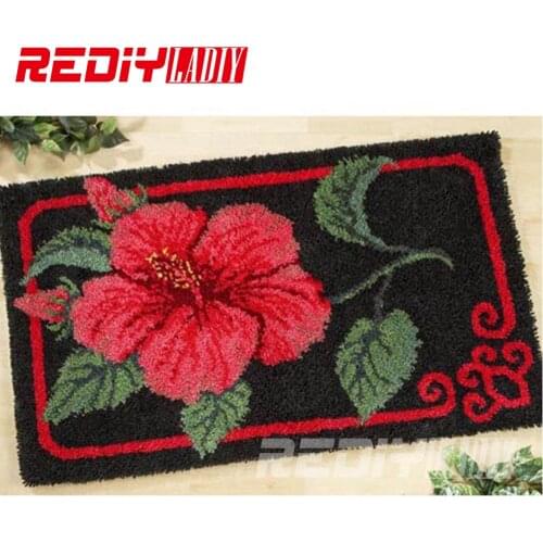 DIY Carpet Rug Red Hibiscus Flowers 3D Latch Hook Rug Crocheting Tapestry 100% Acrylic Yarn Cushion Set for Embroidery Floor Mat