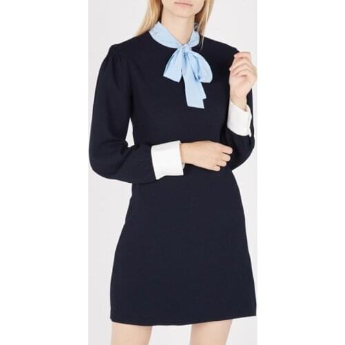 Patads light luxury French dress autumn winter tie splicing color matching slim dress ro00650
