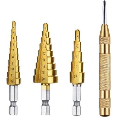 Metric Spiral Flute Pagoda Shape Hole Cutter 4-12/20/32mm HSS Steel Cone Drill Bits Set Step Drill Center Punch Power Tool
