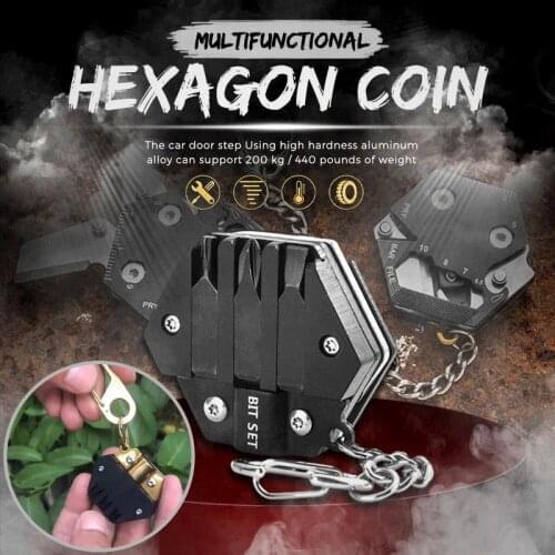 Multifunctional Hexagon Coin Outdoor EDC Tool Hexagon Folding Coin Keychain Screwdriver Pocket Fold Mini Gear Outdoor Tool