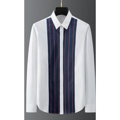 Trendy New Front Panel Striped Shirt Men Long Sleeve Business Light Luxury Mens Clothing Label High Quality Groom Party Dinner