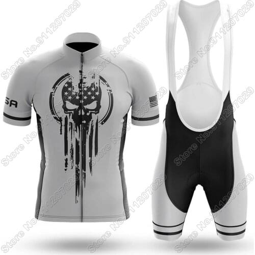 Flag Skull V2 - Mens Cycling Jersey Set Summer Cycling Clothing Road Bike Suit Mountain Bicycle Shirt Bib Shorts MTB