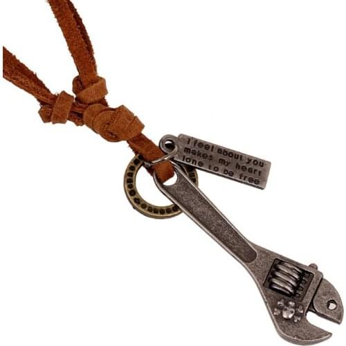 Men Cool Metal Skull Spanner Pendant Wrench Necklace Mechanic Tool Charm Long Leather Chain Collier Vintage Fashion Punk Jewelry