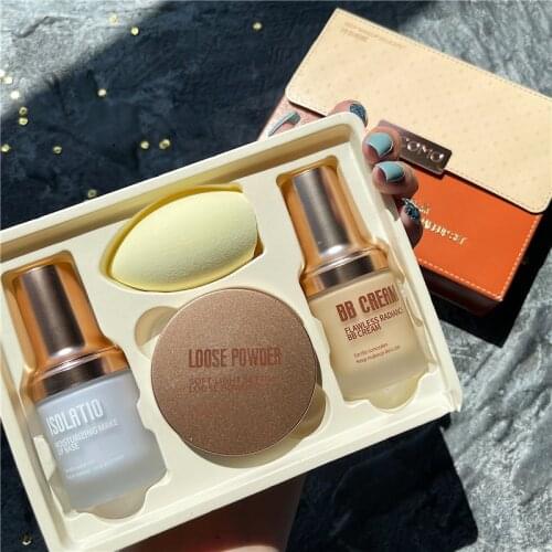 Makeup Set Face Base Foundation+Loose Powder Cream Milk Full Coverage Oil-Control Makeup Concealer Brighten Skin Makeup Primer