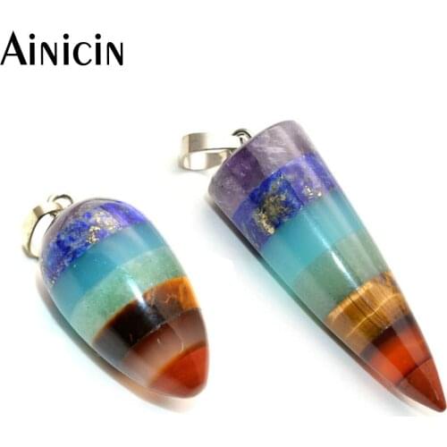 Natural Semi-precious Stone 7 Color Aura Chakra Cone & Water Drop Shape Pendants Fashion Men and Women Jewelry 5pcs/lot