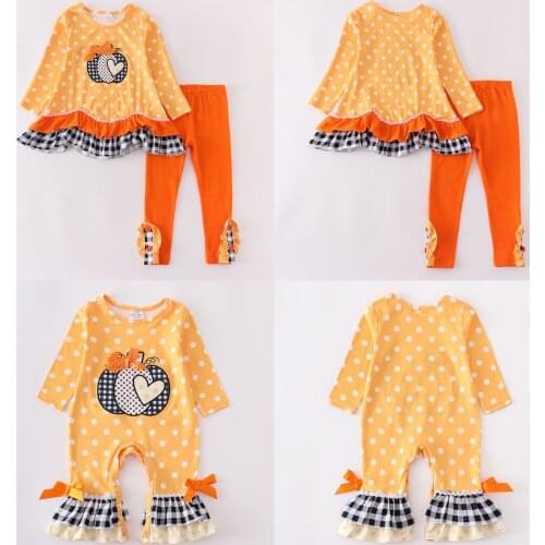 Girlymax Fall Sisters Wear Long Sleeve Baby Girls Polka Dot Plaid Pumpkin Ruffles Pants Set Romper Kids Clothing