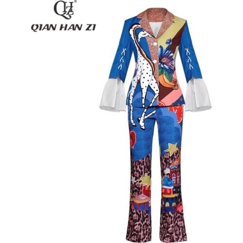 Qian Han Zi newest 2020 Designer fashion runway suit set Womens Long Sleeve Jacket/coats and Vintage Printed Pants 2 Piece Set