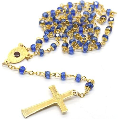 Blue Crystal Rosary Necklace Fatima Virgin Cross Ornament Of Christian Religious Articles
