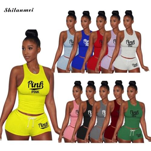 Active Pink Sweatsuit WomenS Set Classic Tank Tops And Shorts Suit 2021 Sport Tracksuit Two Piece Set Casual Fitness Outfit