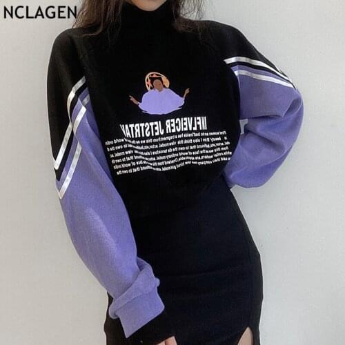 NCLAGEN Women Crop Sweatshirt Letter Print Contrast Color Turtleneck Harajuku Pullovers Street Fashion Casual Hoodies Clothing