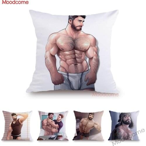 Cozy Sexy Boyfriend Cartoon Velvet Throw Pillow Cover Hairy Jock Muscle Man Love Gay Homosexual Art Sexy Boy Sofa Cushion Cover