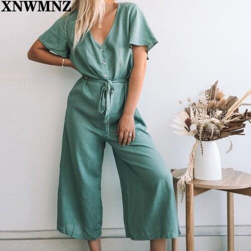 XNWMNZ Women Summer Short Sleeve Black Jumpsuit Woman High Waist Lace Up Jumpsuit Romper Casual Overall Femme Wide Leg Pants