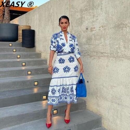 XEASY Women 2021 Fashion Blue Totem Floral Print Smock Blouse Ladies Casual Shirt Vintage Female Chic Loose Blusas Tops