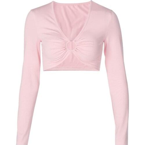 Women Summer Fashion Solid Color Long-sleeved Crop Top Blouse, Hollow Ring Exposed Navel Sexy Tight T-shirt