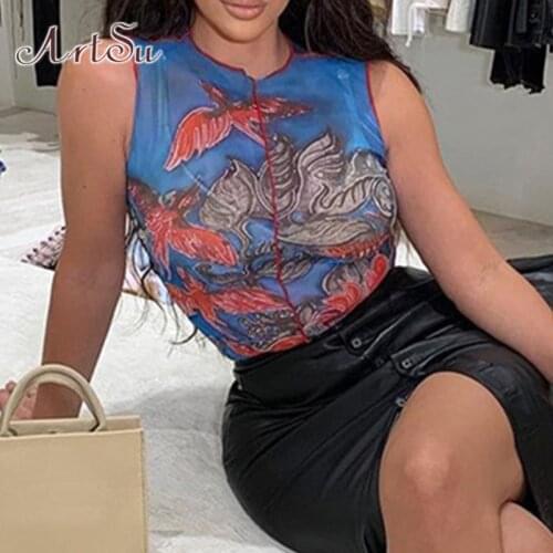 Artsu Blue Print Aesthetic Sheer Mesh Tank Tops Women 2021 Fashion Sexy Transparent Sleeveless Graphic Tshirts Animals VE52541