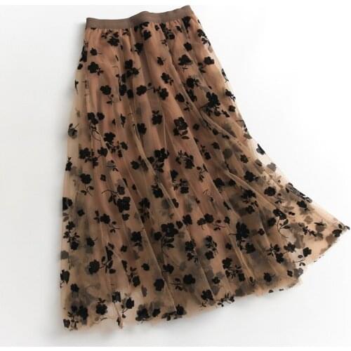 Embroidery Flower High Waist Mesh Skirt Women 2020 Autumn Winter Elegant A-line Mid Skirt Women