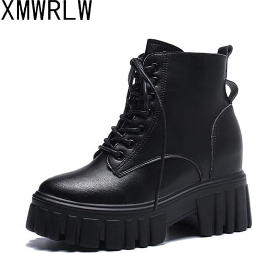 XMWRLW Womens Leather Ankle Boots Platform Shoes Hidden Heel Women Autumn Winter Boots Short Plush Warm Ankle Boot For Women