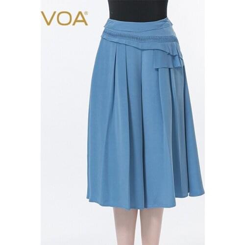 VOA 30m/m Silk Bamboo Moon Blue Natural Waist Asymmetric Fold Three-dimensional Decoration Wide Leg Cropped Pants Women KE528