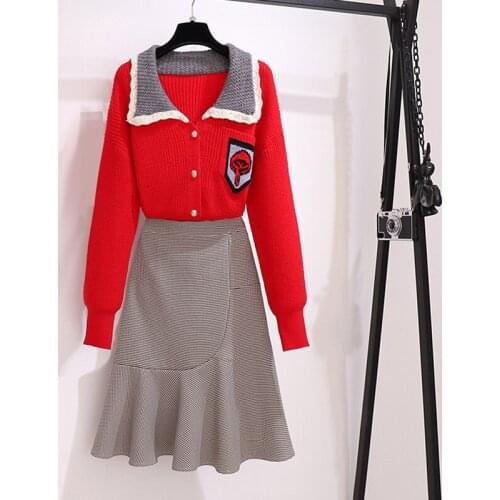 2020 Spring Women Knitted Two Piece Set Long sleeve print Single breasted Sweater Top and Houndstooth Plaid Mermaid Skirt Suit