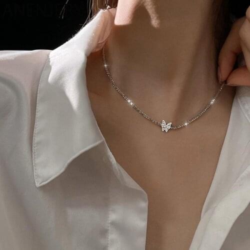ANENJERY 925 Sterling Silver Shiny Butterfly Necklace for Women Simple Short Clavicle Chain Korean Party Accessories