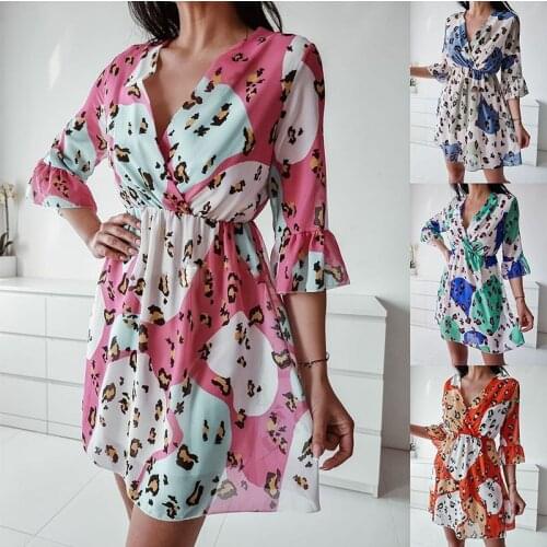 2021 New Fashion Summer V-Neck Elegant Butterfly Sleeve Leopard Print Party Dresses Casual Loose Temperament Female Midi Dress