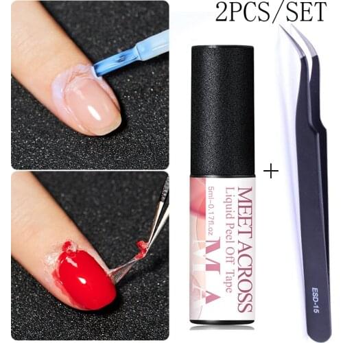 MEET ACROSS 5ml Nail Polish Liquid Peel Off Tape Anti-Overflow Glue Edge Protection With Tweezers Tools Nail Art Care