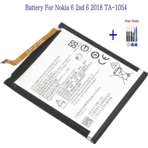 1x HE345 3060mAh Replacement Battery For Nokia 6 2nd 6 2018 TA-1054 HE 345 Batteries Bateria + Repair Tools kit