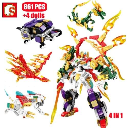 SEMBO 861Pcs Transforming Mecha Robot Assembly Building Blocks Kits Ideas 4In1 Four Beasts Steel Mecha Bricks DIY Toys For Kids