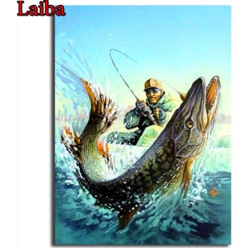 Full Round Diamond Embroidery Cross Stitch Fishermen 5D DIY Diamond Painting big fish Full Square Diamond Mosaic Fish painting