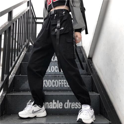 Workwear pants men and women loose Korean version of the students tied up high waist thin black casual pants cargo pants women